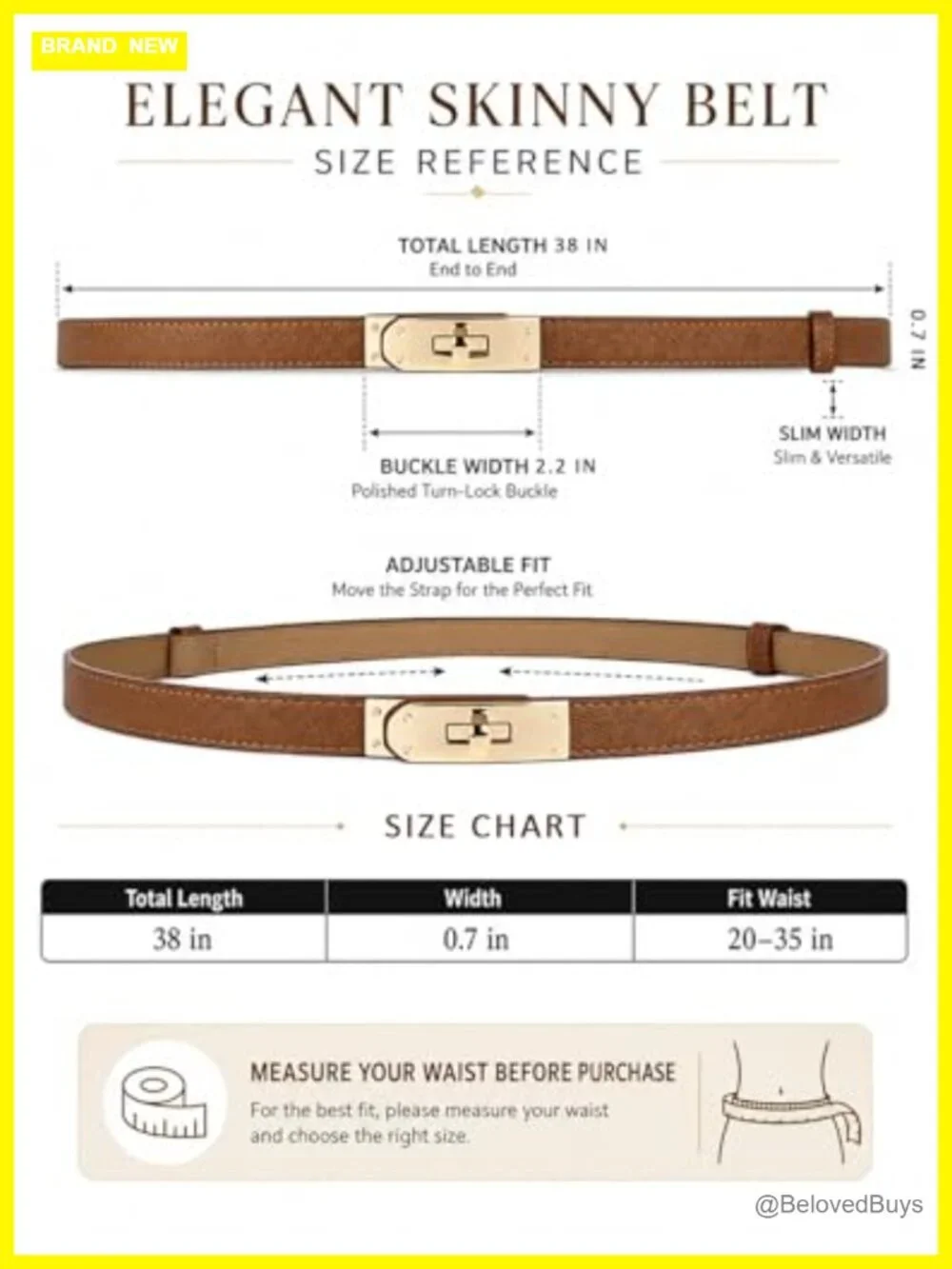 Faux Leather Skinny Belt Turn-Lock Gold Buckle Adjustable 20-35in